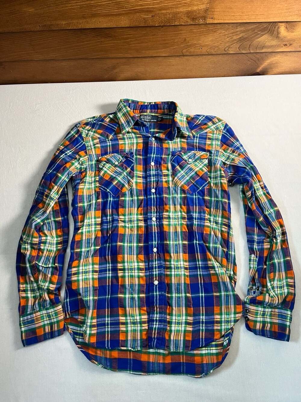 Polo Ralph Lauren Western Flannel Shirt Size S Blue Plaid Pearl Snap